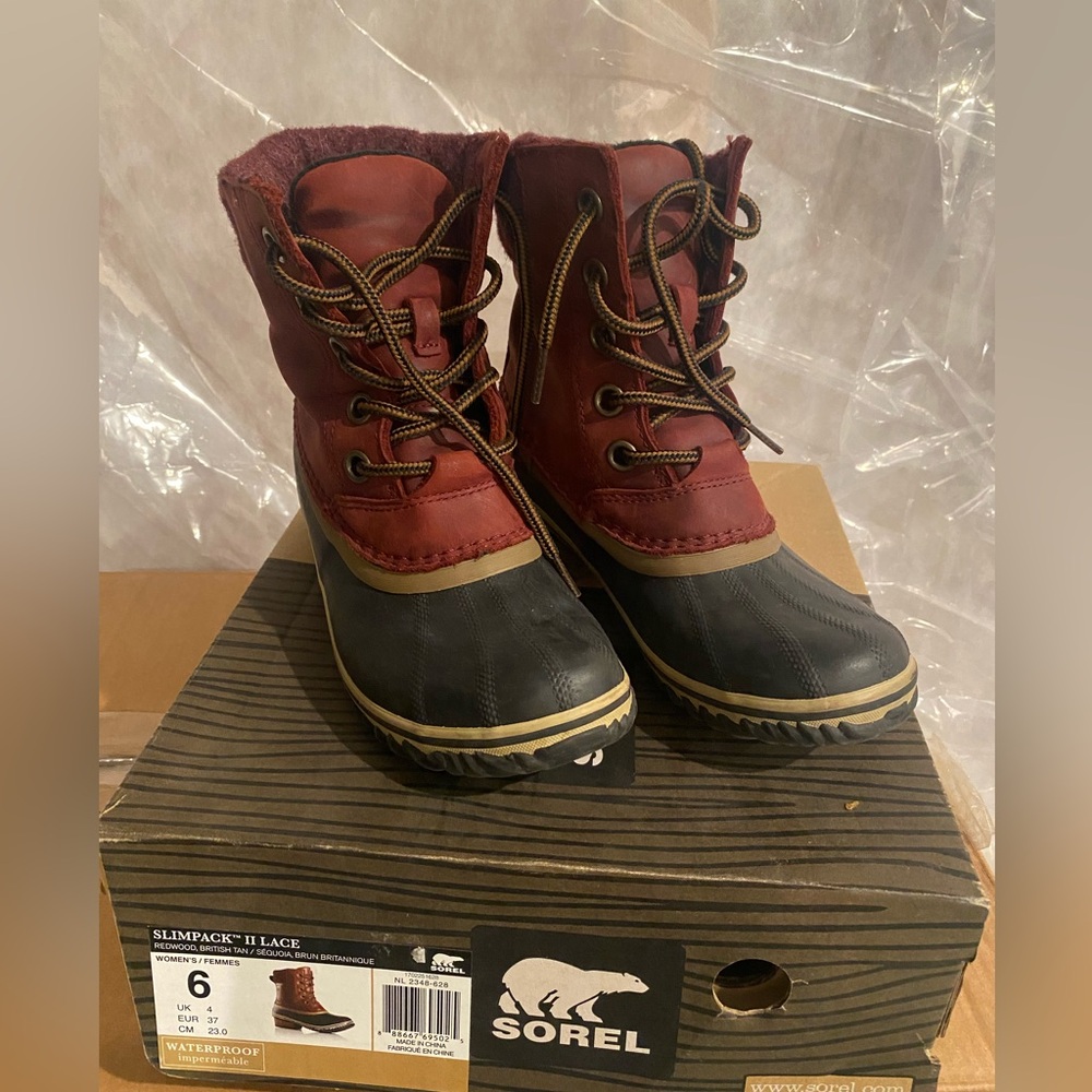 Sorel Slimpack Lace II Duck Boots Waterproof Red Burgundy Size 6 NL 2348-628